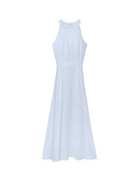 Elegant Halter Neck Pleated Padded Maxi Dress with Side Slit and Flowy Hem