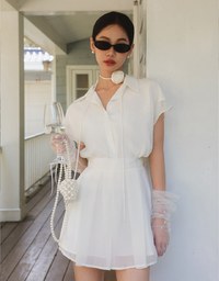 Chiffon Collared Short Sleeve Top And Flowy Pleated Mini Shorts Set Wear