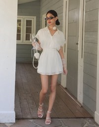 Chiffon Collared Short Sleeve Top And Flowy Pleated Mini Shorts Set Wear