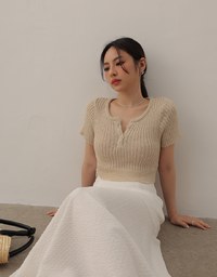 Short Sleeve Textured Knit Cropped Top with V-Neck Placket