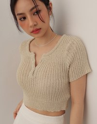 Short Sleeve Textured Knit Cropped Top with V-Neck Placket