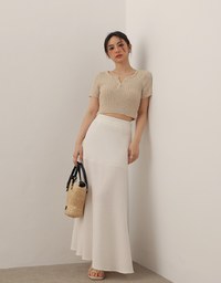 Short Sleeve Textured Knit Cropped Top with V-Neck Placket