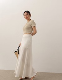 Short Sleeve Textured Knit Cropped Top with V-Neck Placket