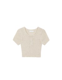 Short Sleeve Textured Knit Cropped Top with V-Neck Placket