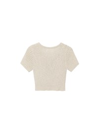Short Sleeve Textured Knit Cropped Top with V-Neck Placket