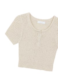 Short Sleeve Textured Knit Cropped Top with V-Neck Placket