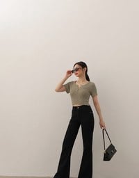 Short Sleeve Textured Knit Cropped Top with V-Neck Placket