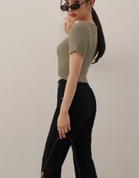 Short Sleeve Textured Knit Cropped Top with V-Neck Placket