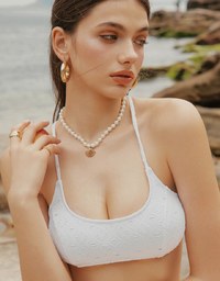 【PUSH UP】Eyelet Lace Spaghetti Straps Cross Back Push Up Bikini Top