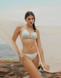 【PUSH UP】Pastel Lace Ruffle Trim Push Up Bikini Top with Ombre Gradient Effect