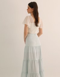Sheer Chiffon Cross V Neck Flare Sleeve Padded Top