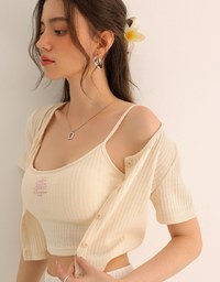 Short Sleeve Buttoned Knit Cardigan And AIR SPACE Logo Embroidered Ribbed Cami Padded Crop Top Set Wear