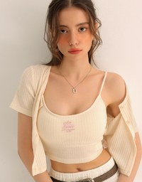 Short Sleeve Buttoned Knit Cardigan And AIR SPACE Logo Embroidered Ribbed Cami Padded Crop Top Set Wear