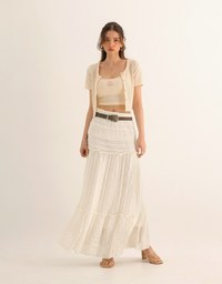 Short Sleeve Buttoned Knit Cardigan And AIR SPACE Logo Embroidered Ribbed Cami Padded Crop Top Set Wear