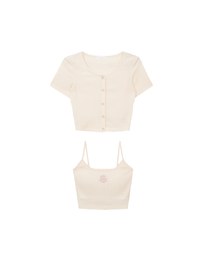 Short Sleeve Buttoned Knit Cardigan And AIR SPACE Logo Embroidered Ribbed Cami Padded Crop Top Set Wear