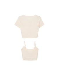 Short Sleeve Buttoned Knit Cardigan And AIR SPACE Logo Embroidered Ribbed Cami Padded Crop Top Set Wear
