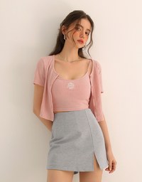 Short Sleeve Buttoned Knit Cardigan And AIR SPACE Logo Embroidered Ribbed Cami Padded Crop Top Set Wear