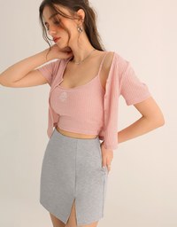 Short Sleeve Buttoned Knit Cardigan And AIR SPACE Logo Embroidered Ribbed Cami Padded Crop Top Set Wear