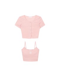 Short Sleeve Buttoned Knit Cardigan And AIR SPACE Logo Embroidered Ribbed Cami Padded Crop Top Set Wear