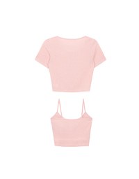 Short Sleeve Buttoned Knit Cardigan And AIR SPACE Logo Embroidered Ribbed Cami Padded Crop Top Set Wear