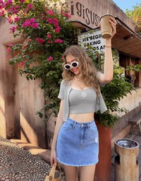 Short Sleeve Buttoned Knit Cardigan And AIR SPACE Logo Embroidered Ribbed Cami Padded Crop Top Set Wear