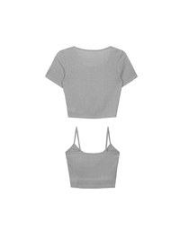 Short Sleeve Buttoned Knit Cardigan And AIR SPACE Logo Embroidered Ribbed Cami Padded Crop Top Set Wear