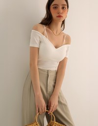 Sexy Off Shoulder Ribbed Knit Padded Top with Double Thin Straps