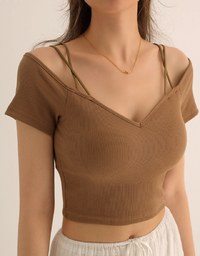 Sexy Off Shoulder Padded Bra Top Knitted Cotton Synthetics Cropped Top ( Removable Paddings)