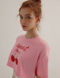 Cotton Fruits Graphic Printed Short Sleeve Cropped Top