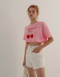 Cotton Fruits Graphic Printed Short Sleeve Cropped Top
