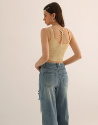 Minimalist Halter Neck Knit Padded Tank Top with Cross Back Tie Detail