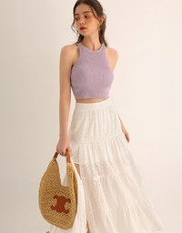 Minimalist Halter Neck Knit Padded Tank Top with Cross Back Tie Detail