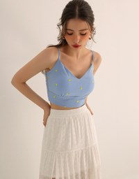 Lemon Embroidered V Neck Cami Padded Crop Top