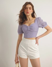 Square Neck Textured Puff Sleeve Cropped Top with Ruched Front Detail