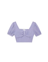 Square Neck Textured Puff Sleeve Cropped Top with Ruched Front Detail