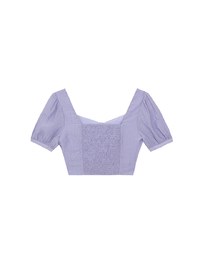 Square Neck Textured Puff Sleeve Cropped Top with Ruched Front Detail