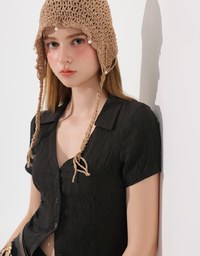 Crinkled Textured V Neck Fitted Button Shirt Top with Collar