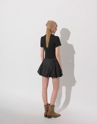 Crinkled Textured V Neck Fitted Button Shirt Top with Collar
