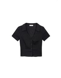Crinkled Textured V Neck Fitted Button Shirt Top with Collar