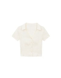 Crinkled Textured V Neck Fitted Button Shirt Top with Collar
