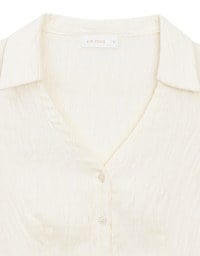 Crinkled Textured V Neck Fitted Button Shirt Top with Collar