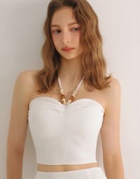 Ruched Bandeau Halter Padded Top with Beaded Strap