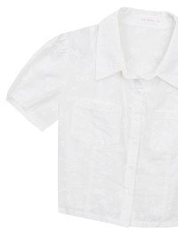 Embroidered Bow Lace Puff Sleeve Semi Sheer Blouse Top