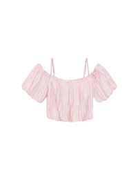 Crinkled Texture Off Shoulder Puff Sleeve Top with Back Ribbon Detail