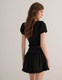 Puff Sleeve Smocked Hem Crop Top with Lace Up Front Detail