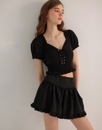 Puff Sleeve Smocked Hem Crop Top with Lace Up Front Detail