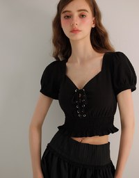 Puff Sleeve Smocked Hem Crop Top with Lace Up Front Detail