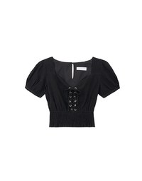 Puff Sleeve Smocked Hem Crop Top with Lace Up Front Detail