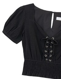 Puff Sleeve Smocked Hem Crop Top with Lace Up Front Detail
