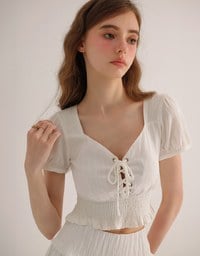Puff Sleeve Smocked Hem Crop Top with Lace Up Front Detail